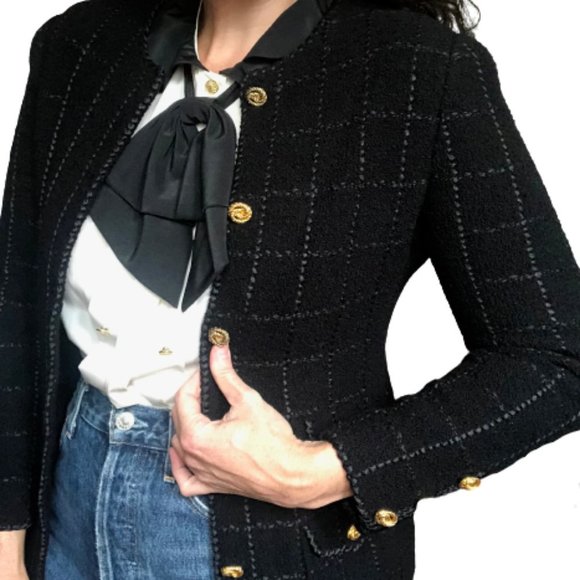 Vtg Military Academia Window Pane Textured Knit Black Gold Knit Blazer - Picture 3 of 16